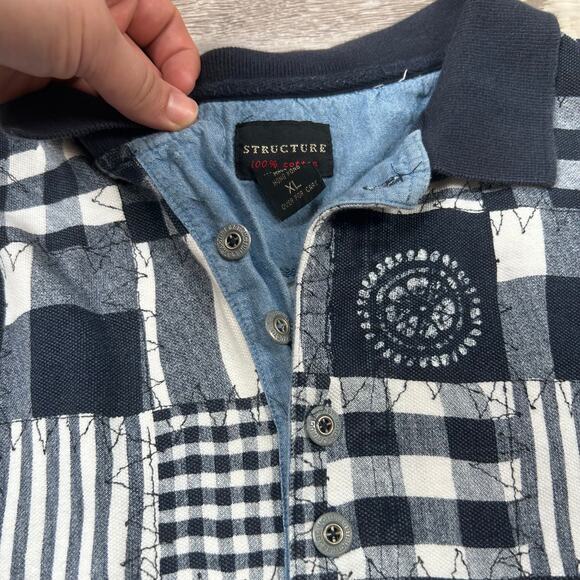 Vintage Structure Patchwork Polo Shirt Blue White 90s Made in Hong Kong XL - Picture 3 of 5